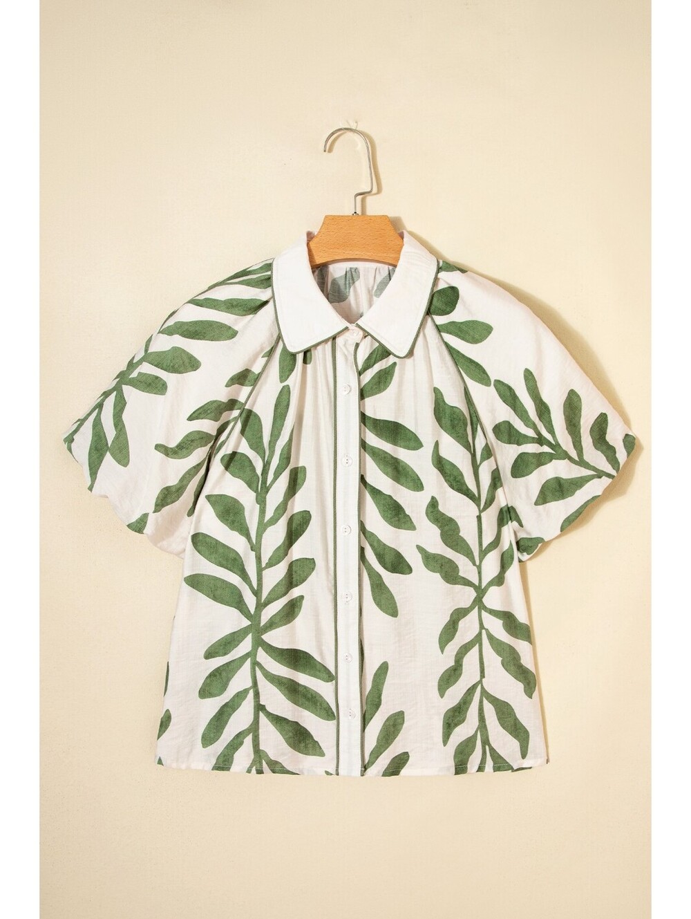 Women's Short Sleeve Button-Up Shirt with Green Leaf Print - Picture 3 of 4